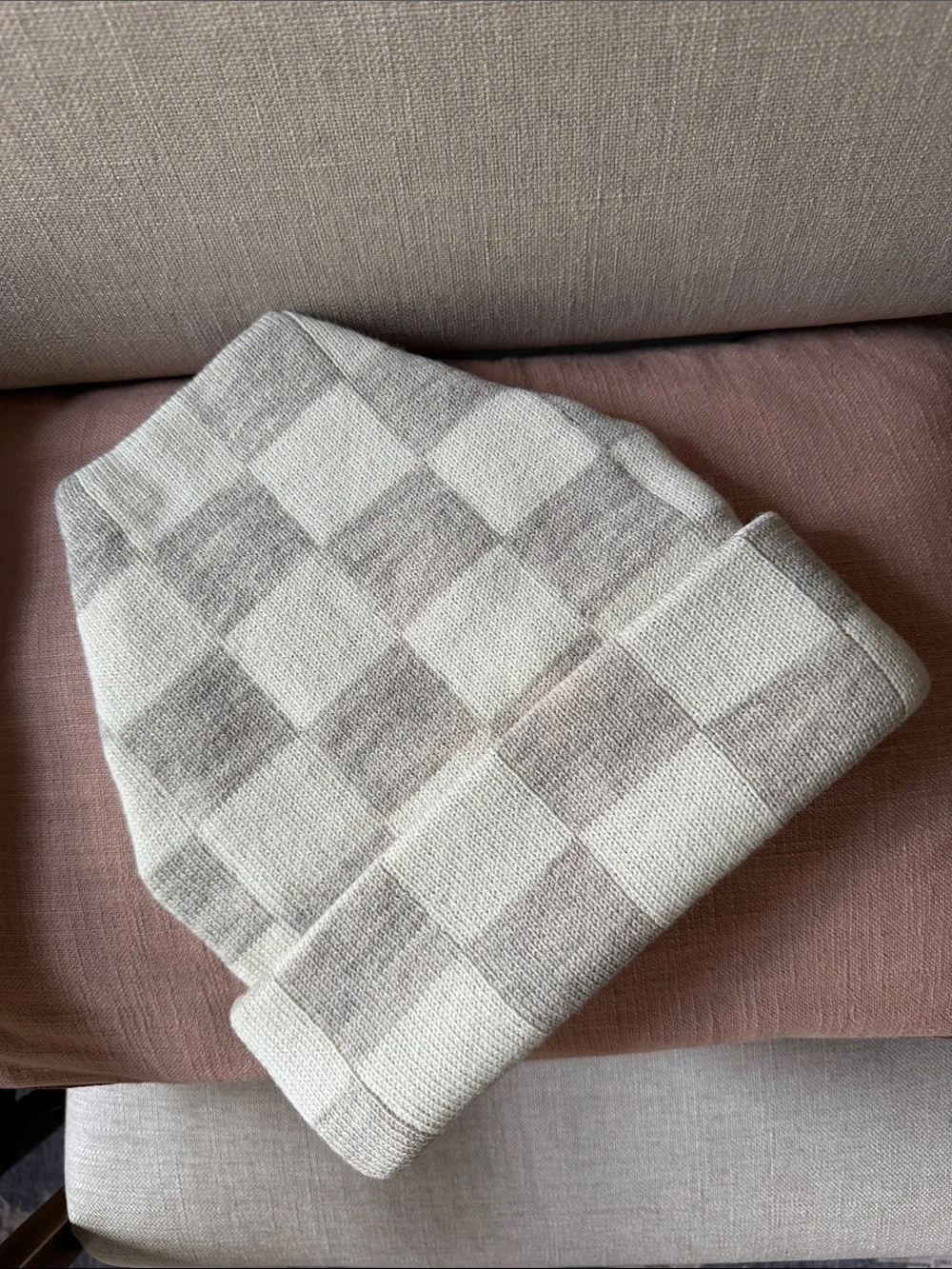 Loeffler Randall Cream and Taupe Ribbed Knit Beanie